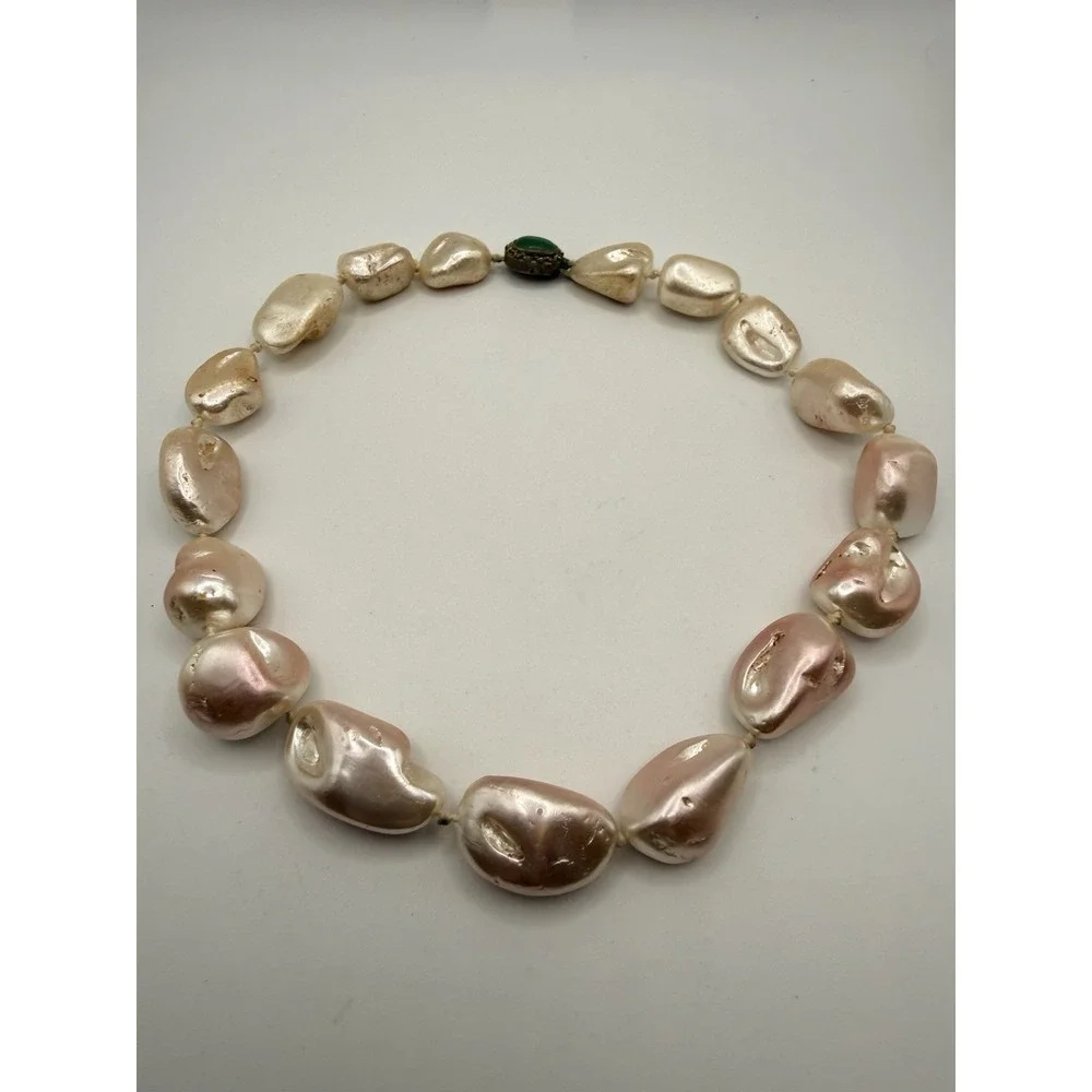 Vintage Boroque Pearl Statement Necklace Huge Pink Cream Pearls Hand Knotted 16